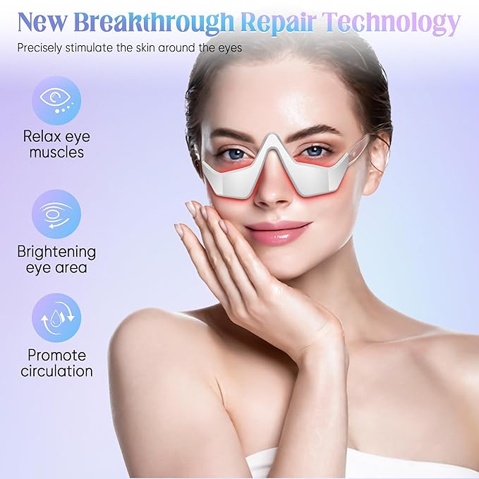 Under-Eye Light Therapy Device, Beauty Device with Eye Massage for Relieve Eye Bags, Eye Fatigue, Dark Circles, with Gel and Glasses Strap (White & 2 modes)