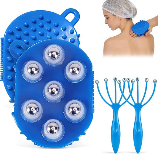 2 Set Manual Massage Gloves with Head Massagers | Lymphatic Roller Ball Massagers,Scalp massagers,Gua Sha SPA Muscle Release,For Head Face Neck Back Legs Full Body