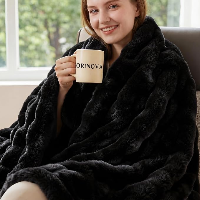 ORINOVA Black Fluffy Thick Fur Throw Blanket 50x60 for Bed Couch Office Chair Bunny Soft Blanket for Adults Gift Home Living Room Decorative Decor 860 GSM