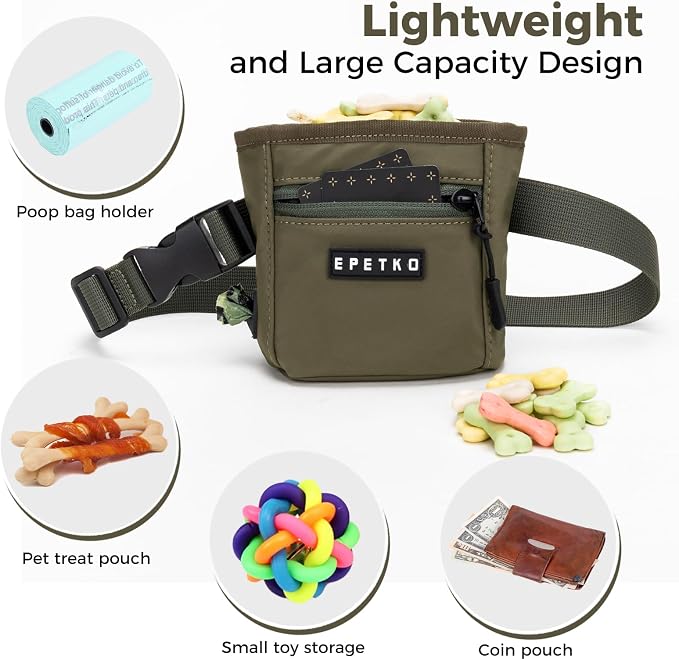 Dog Treat Pouch, Powerful Magnet Closure Device Dog Training Treat Bag Large Capacity Pet Treat Pouch with Poop Bag Dispenser Treat Bag for Dog Training with Metal Waistband Clip (Green)