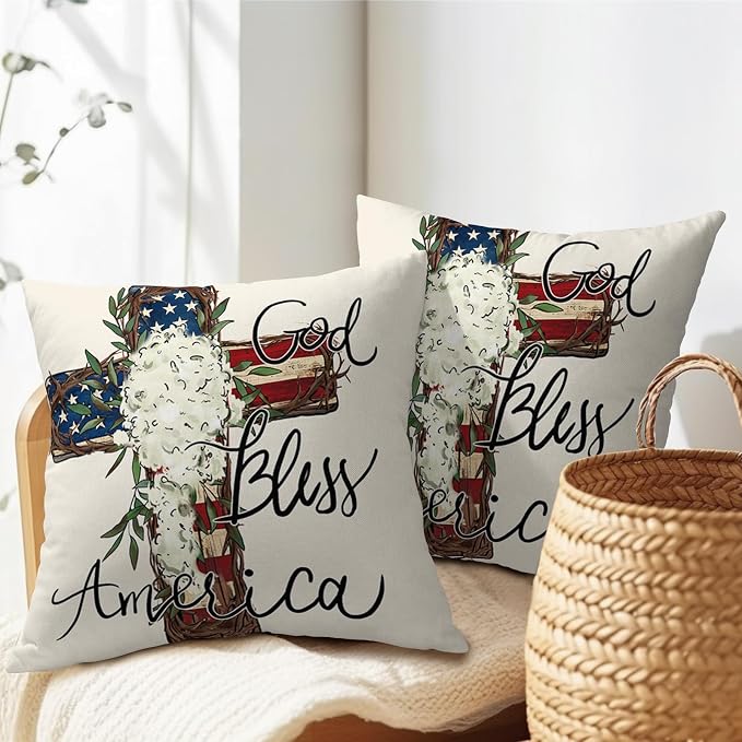God Bless America Stars Stripes Pillow Covers 16X16 Inch Set of 2 4th of July Patriotic Floral Decorative Pillow Cases Independence Memorial Day Cushion Case Holiday Home Decor for Sofa Couch Bed