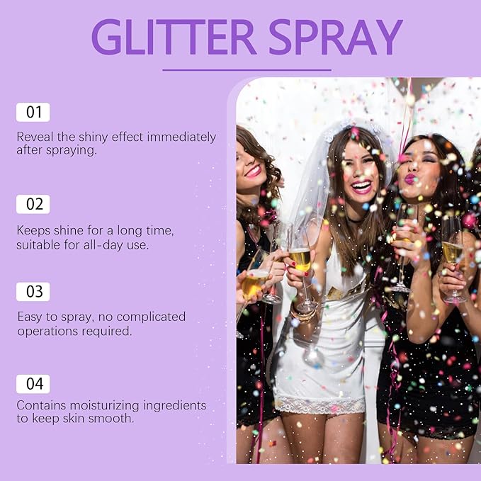 Body Glitter Spray with Mica & Tocopherol, Long Lasting Shimmer Formula for Body, Face, Hair & Clothes, Quick-Drying Sparkling Spray for Cocktail, Cosplay, Party, Festivals, Special Events