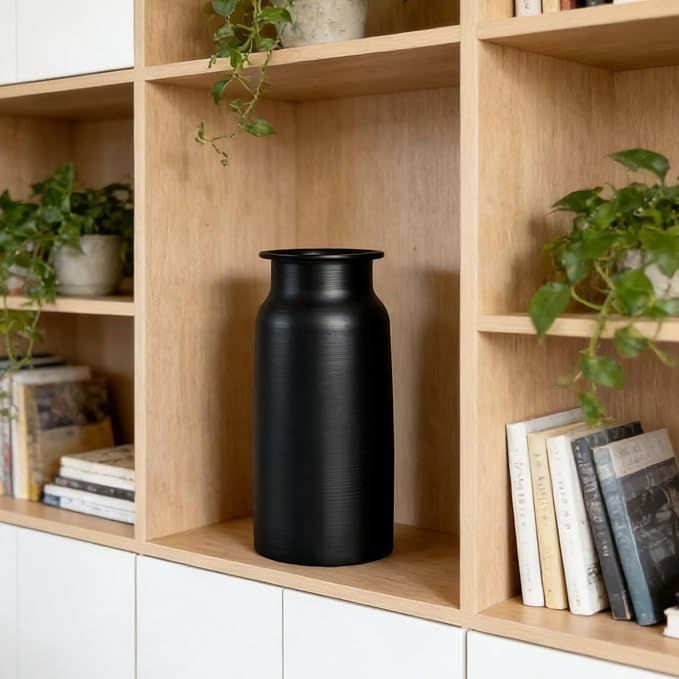 Black Seamless Wide Mouth Metal Flower Vase, 10.8" Modern Unique Home Decor Centerpiece Elegant Rose Cylinder Decorative Vases for Living Room Entry Table Office Desk Bathroom Shelf, Wedding Gift