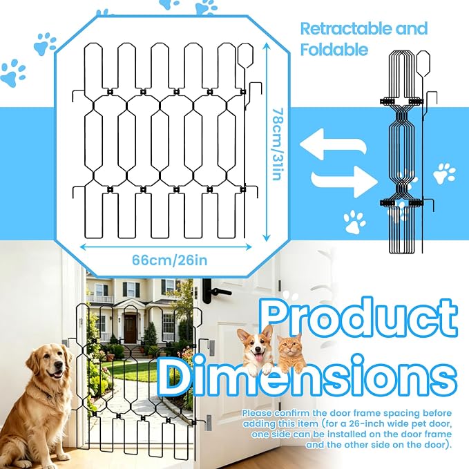 Retractable Metal Dog Gate for Front Door, Bite-Proof Pet Door Barrier, Foldable Space-Saving Wall-Mounted for Small and Medium-Sized Dogs, Easy Install Dog Gate, Indoor/Outdoor (W: 26in H: 31in)