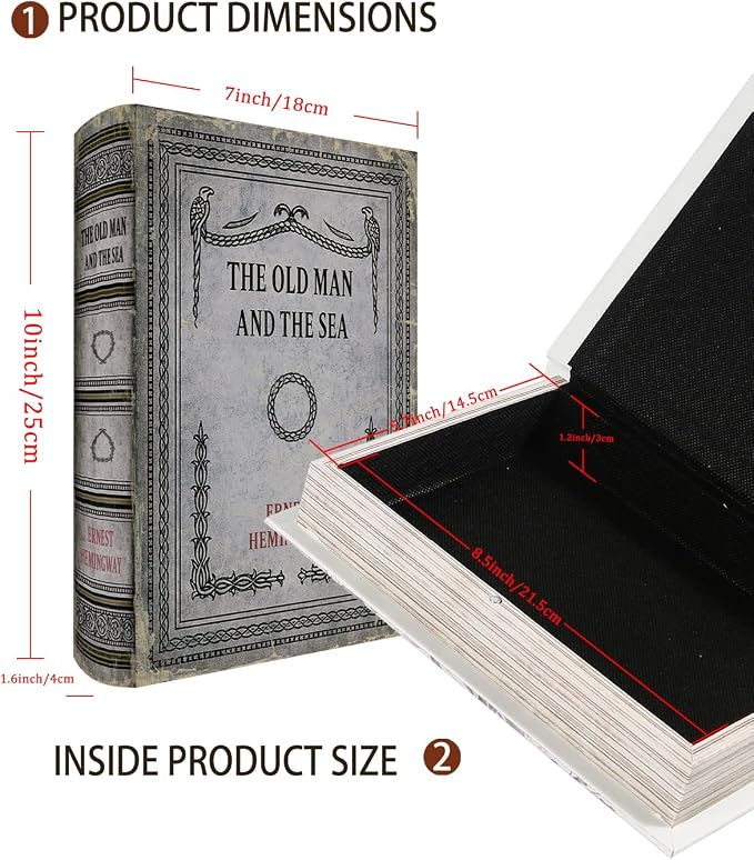Vintage Faux Leather Decorative Book Box – Wooden Secret Storage Box with Magnetic Closure, Hidden Organizer for Bookshelf, Desk, or Office Decor (The Old Man and The Sea)