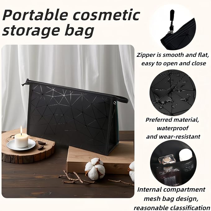 Btolin Geometric Pattern Cosmetic Storage Bag Leather Period Pouch for Women & Teens - Waterproof Small Makeup Bag | Portable Menstrual Pad/Tampon Holder | Black Travel Organizer