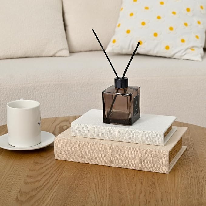 DECOR4SEASON Decorative Faux Book Storage Boxes Set of 2, Linen Fabric Textured Books, Off White, Modern Minimalist Home Decor, Bookshelf Accents for Coffee Table