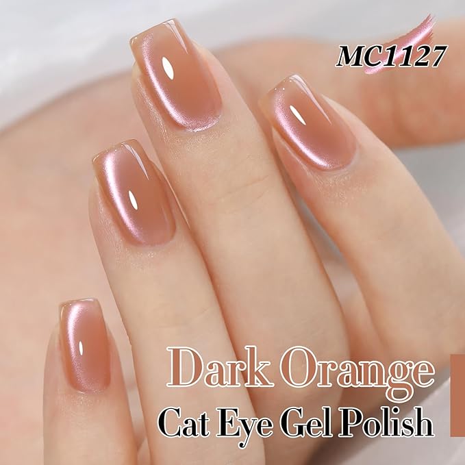 Double Rhythm 15ML Ice Glass Cat Eye Gel Polish with Magnet Holographic Glitter Shimmer Translucent Sheer Color Salon Soak Off Magnetic Nail at Home (Dark Orange-MC1127)