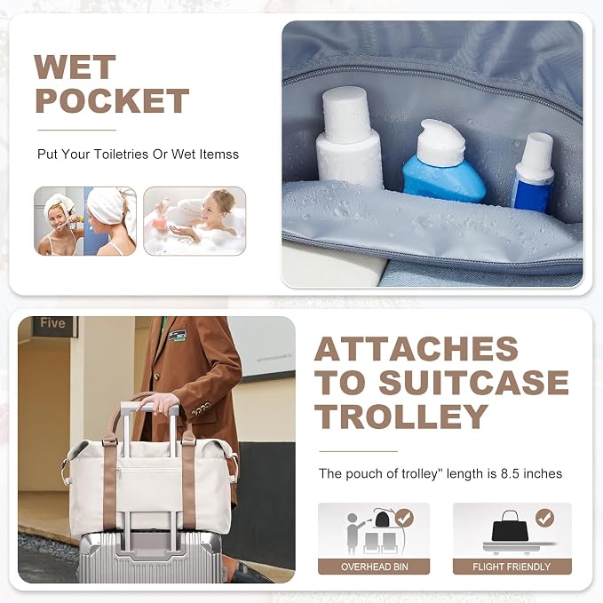 Travel Duffel Bag, Carry On Overnight Weekender Bags for Women | Travel Bag with Wet Pocket & Trolley Sleeve, For Spirit Airlines 18x14x8 Personal Item Bag