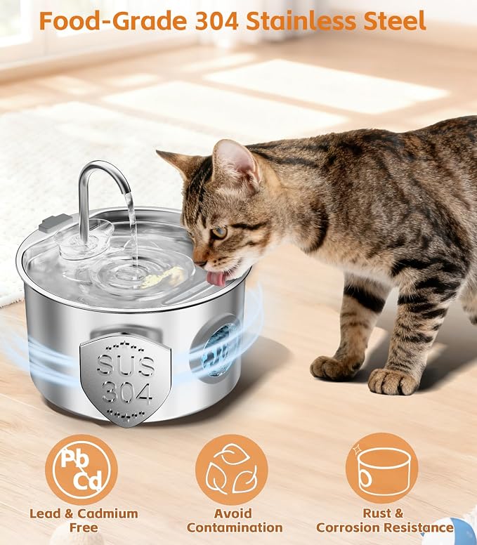 108oz/3.2L Stainless Steel Cat Water Fountain with Detachable Tank, Easy to Clean & Assemble, Pet Drinking Dispenser with Quiet Operation & LED Light, Gifts for Cats, Dogs and Small Pets
