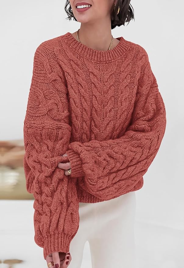 PRETTYGARDEN Womens Sweaters Spring 2026 Cable Knit Long Sleeve Crewneck Oversized Sweater Chunky Pullover Loose Outfits