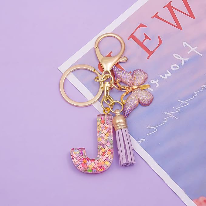 Fashion Alphabet Initial Letter Keychain Tassel Butterfly Pendant Key Ring for Purse Handbags Women Girl