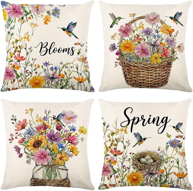 wyooxoo Throw Pillow Covers 18x18 Set of 4 Spring Pillow Covers Linen Flower Bird Farmhouse Cushion Case for Sofa Couch Living Room Outdoor Home Decor