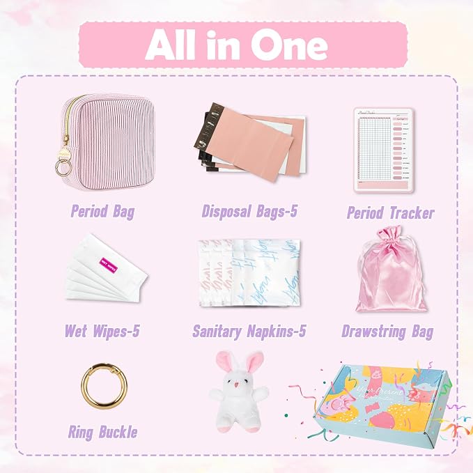 First Period kit for Girls, Corduroy Cute Sanitary Napkin Storage Bag, Menstrual Pad Bag Tampon Holder for Purse, First Period Gifts (Pink)