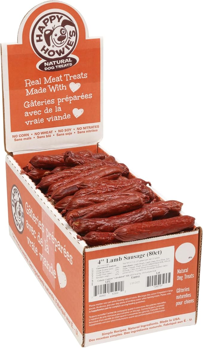 Happy Howie's Sausage Treats, Hormone Free, Lamb, 80 Count (Pack of 1) | Healthy Chewy Dog Treats, Flavorful Slow Cooked Lamb, Natural Ingredients