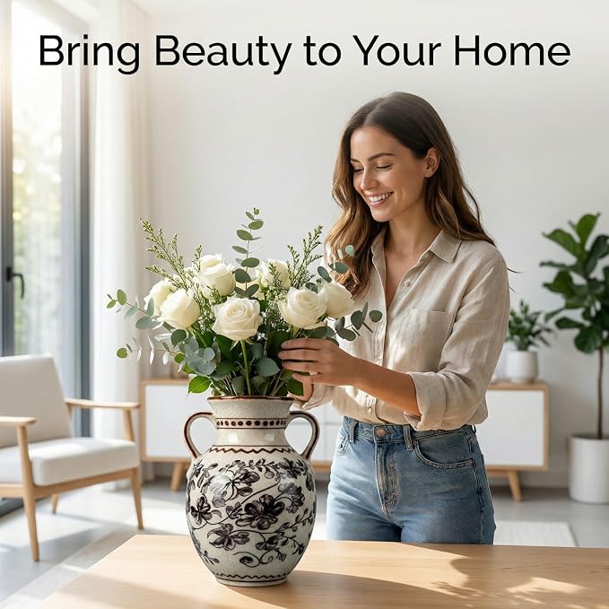 EFISPSS Ceramic Vintage Vase,Chinoiserie Rustic Farmhouse Floral Spring Decor for Home Decor Living Room Fireplace Office, Grey