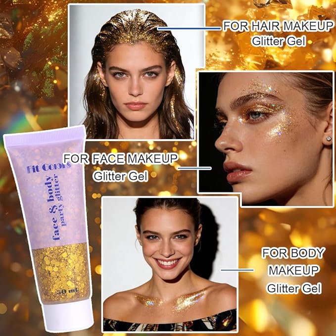 Gold Face Body Hair Glitter Gel for Women and Kids, Monochrome Holographic Mermaid Sequins Chunky Glitter Paint Makeup for Mardi Gras Halloween Festival Rave Outfits Accessories, 1.7oz, #02