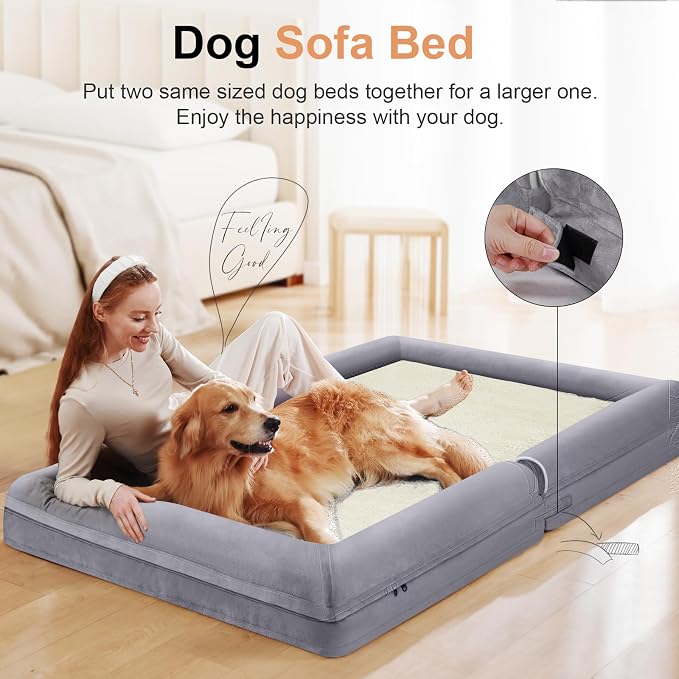 Orthopedic Dog Bed for Jumbo Dogs, 53 x 42 Inch, Purple | Egg crate foam for joint support, 3-sided bolster pet sofa, waterproof lining, washable cover, and non-skid base