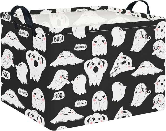 CLOCOR Rectangular Storage Basket Empty,Gift Basket,Waterproof Storage Bin with Handles,Room Decor(Black Ghost Halloween)