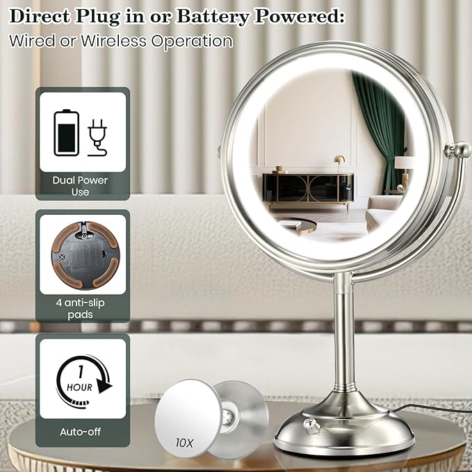 VESAUR 11.8" Extra Large 17" Tall Lighted Makeup Mirror, 1X/5X/10X 3-Sided Magnifying Mirror with 96 LEDs, 3 Color Dimmable Lights, 360° Swivel Dual Power Vanity Mirror, Nickel Finish Luxury Gift Box