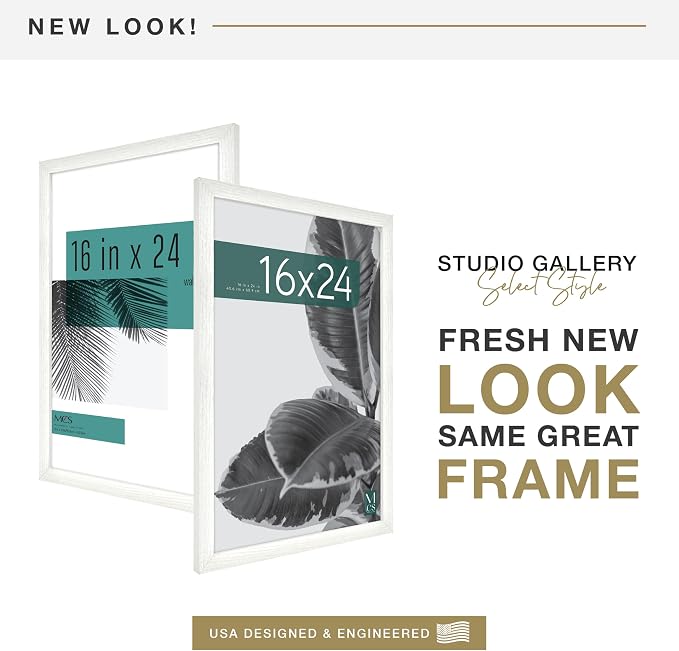 MCS Studio Gallery 16x24 Poster Frame White Woodgrain Engineered Wood, Vertical & Horizontal Wall Hanging Large Picture Frame for Photos, Posters & Art Prints (1-Pack)