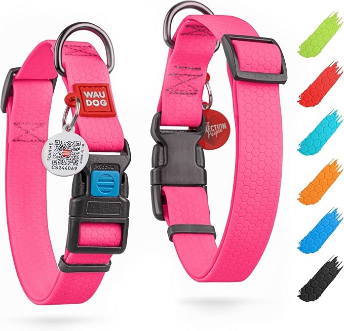 WAUDOG Waterproof Dog Collar Airtag Holder QR Tag Small Medium Large Dogs | Water and Dirt Resistant, Quick Dry QR Pet Tag Adjustable Durable Comfort for Male and Female Dogs Outdoor Walking Training