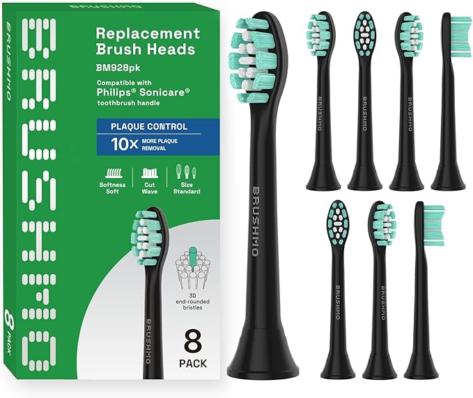 Brushmo Plaque Control Replacement Toothbrush Heads, Compatible with Philips Sonicare Click-on Electric Toothbrush Handles, 8 Standard Replacement Heads, SoftDuPont Bristles, BM928bk, Black