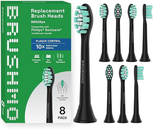 Brushmo Plaque Control Replacement Toothbrush Heads, Compatible with Philips Sonicare Click-on Electric Toothbrush Handles, 8 Standard Replacement Heads, SoftDuPont Bristles, BM928bk, Black