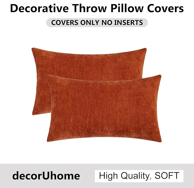 decorUhome Soft Chenille Rust Throw Pillow Covers 12X20 Set of 2 | Decorative Fall Couch Pillow Covers Solid Dyed Accent Modern Farmhouse Neutral Rectangle Pillow Cases for Sofa