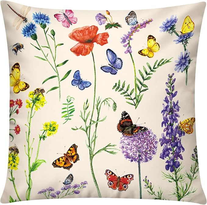 Spring Summer Throw Pillow Covers 18x18 Set of 6, Wildflower Nature Decor | spring summer floral bloom, Standard Throw Pillow Size, Breathable Linen, Neutral flower, Couch Sofa Living Room decor