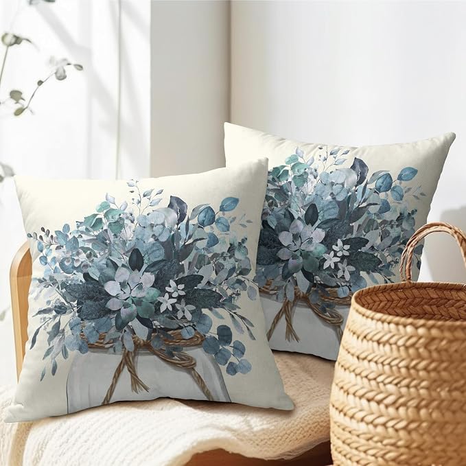 Kawani Blue Eucalyptus Throw Pillow Covers Set of 2, 20x20 Inch Leaves Mason Jar Farmhouse Pillowcases Double Sided Cotton Linen Cushion Cover for Couch Sofa Car Outdoor Home Decor
