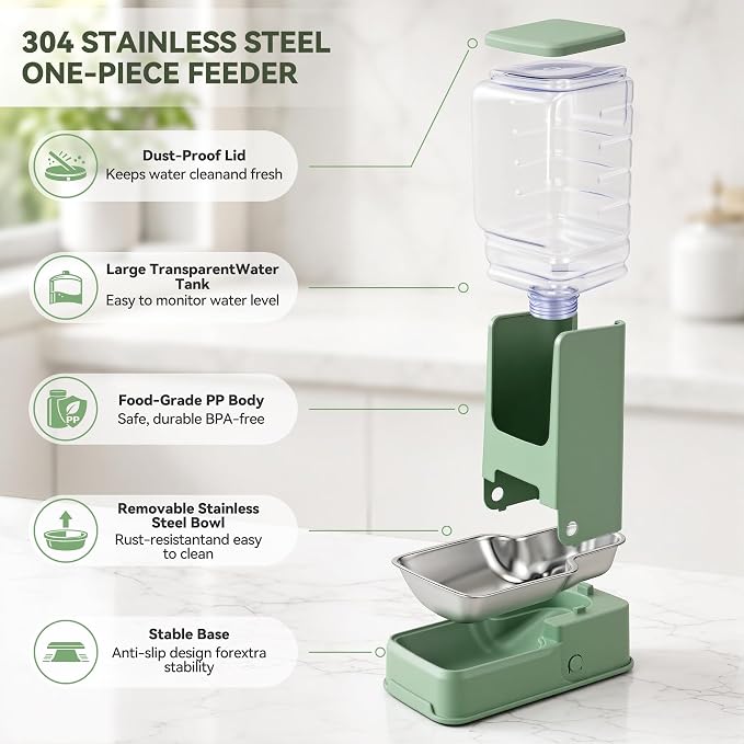 2 Pack Automatic Cat Feeder Stainless Steel Gravity Food and Water Dispenser for Small Medium Kitten Puppy Pets (Green)