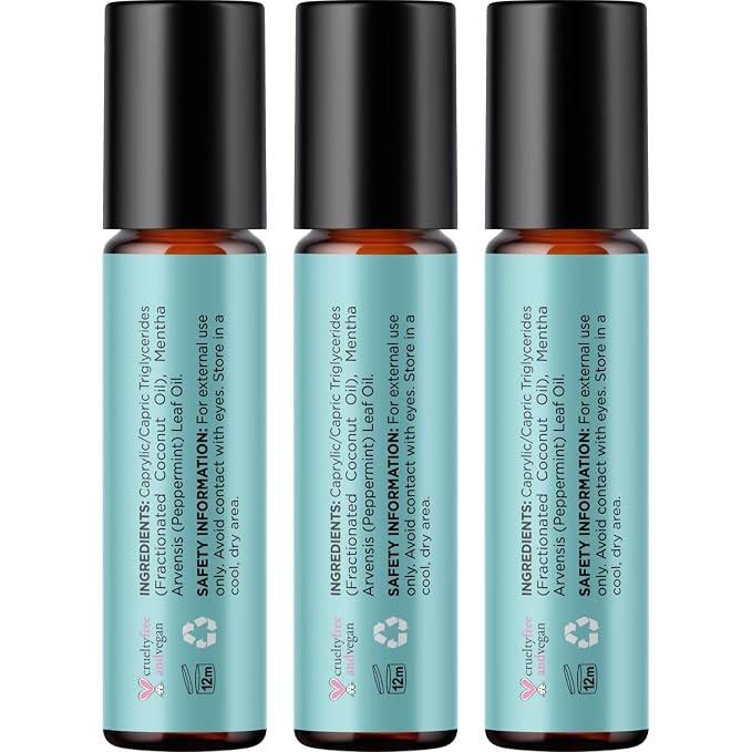 Peppermint Oil Roll on - Pure Peppermint Rollerball Essential Oil Aromatherapy Stick for Headaches - Natural Travel Essential and Pregnancy Must Have for Headaches Energy & Focus Support (3 Pack)