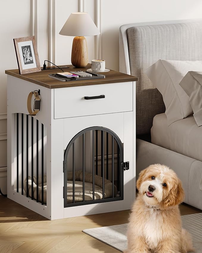 CHOEZON Dog Crate Furniture, Wooden Dog Kennel with Charging Station and Storage Drawer, Indoor Pet Crate End Table for Small Breeds, Dog Cage for Living Room, Bedroom, White and Walnut MGW01UWL