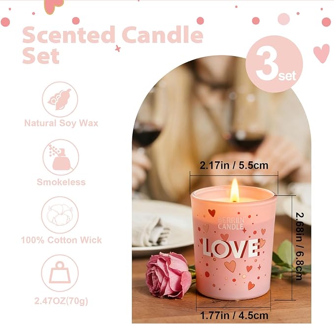 3 Pack 2oz Pink Glass Jar Scented Soy Wax Candle | For Home Aromatherapy Love Themed Candles for Bedroom Bathroom Valentine's Day Gifts 17H Burn