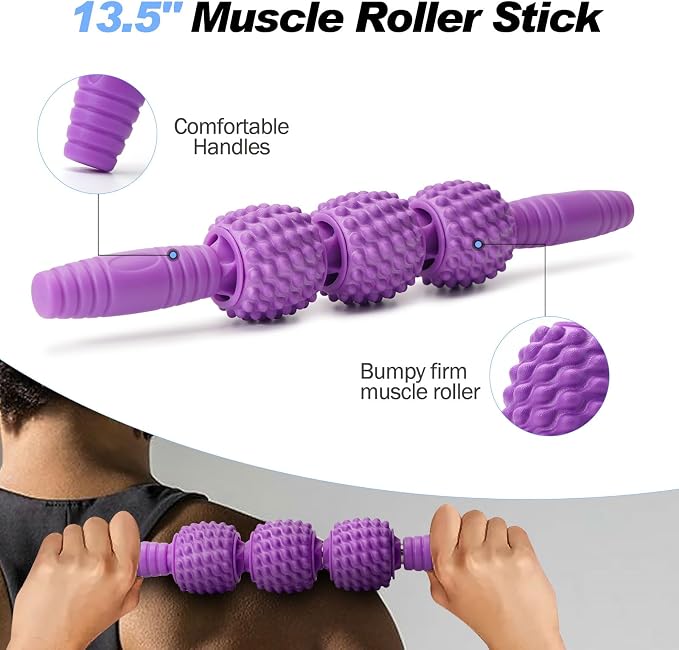 JOYENERGY 5 in 1 Foam Roller Set Trigger Point Foam Roller, Massage Roller Stick, Massage Ball, Stretching Strap for Deep Muscle Massage Pilates Yoga, Fitness Exercise for Whole Body (Purple Diamond)