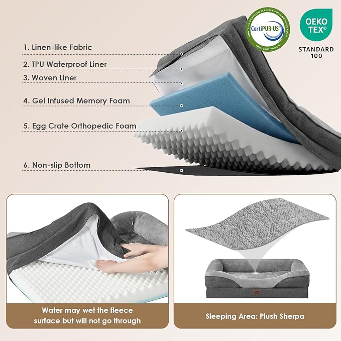 EHEYCIGA Orthopedic Dog Bed for Medium Dog, Memory Foam Dog Couch, Grey | 35x22 Inch Dog Sofa with Sides, Waterproof Liner & Washable Removable Cover, Bolster Pet Couch