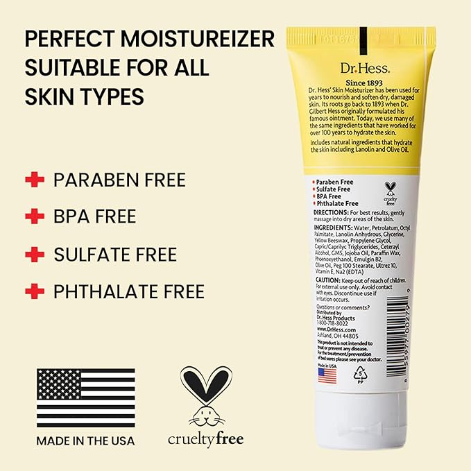 Dr. Hess Skin Moisturizer for Bed Sore Prone & Dry Skin, All Natural with Lanolin, Olive Oil, Jojoba Oil & Beeswax, Paraben & Sulfate Free, Hydrating Body & Face Cream, 4 oz 3 Pack