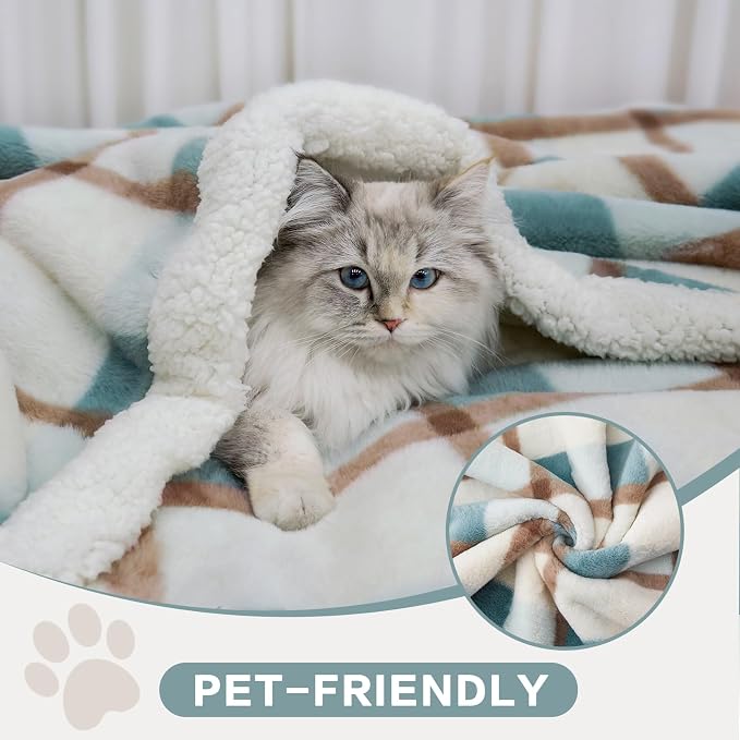 PU MEI Super Soft Faux Rabbit Fur Sherpa Fleece Throw Blanket, Reversible Luxury Cozy Cute Furry Blanket, Plush Warm Shaggy Fluffy Checkered Blankets for Sofa Couch Bed (Green-Plaid, 60" x 80")