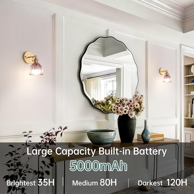 Shenmoyl Vintage 5000 mAh Battery Operated Wall Sconce with Pink Clear Tulip Glass Lampshade Rechargeable Battery Powered Wall Light with Remote Control for Bedroom Doorway, Set of 2