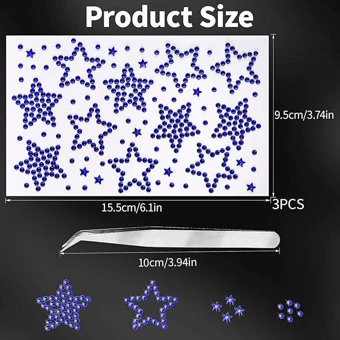 3Sheets Blue Star Gem Stickers Jewels for Crafts, Face Makeup - Self Adhesive Rhinestone Jewel Stickers, Stick on Gems Rhinestones for Crafts, Craft Supplies for Kids (15.Drake Blue Star)