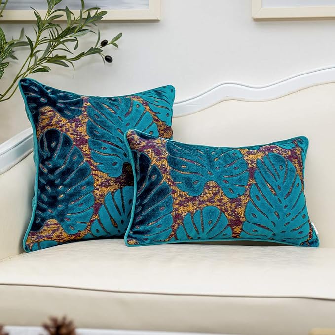 Alerfa 12 x 20 Inch Rectangle Leaf Pillow Embroidery Cut Velvet Cushion Case Luxury Modern Lumbar Throw Pillow Cover Decorative Pillow for Couch Sofa Living Room Bedroom Car, Blue