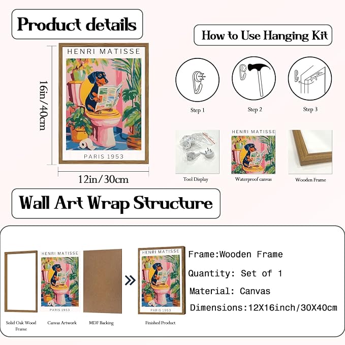 Funny Dachshund Bathroom Wall Art Henri Matisse Dog Bathroom Wall Decor Picture, Cute Puppy Animal Reading Newspaper in Toilet Poster Painting Canvas Print 12x16 inch Wood Framed