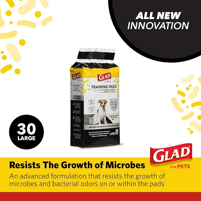 Glad for Pets Activated Carbon Training Pads, Anti-Microbial, 30 Ct, 6-Pk | 6-layer, leak-proof pads with odor control technology, 23 x 23 in coverage for indoor potty training