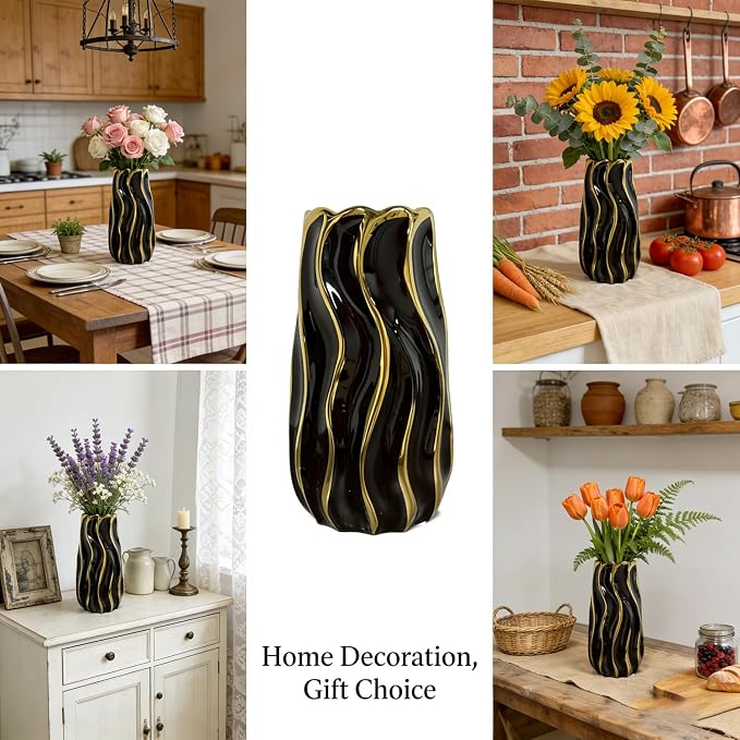 Black Ceramic Vase for Home Decor, Vertical Stripe Decorative Flower Vase for Bedroom, Office, Living Room, Bathroom, Tabletop Decor