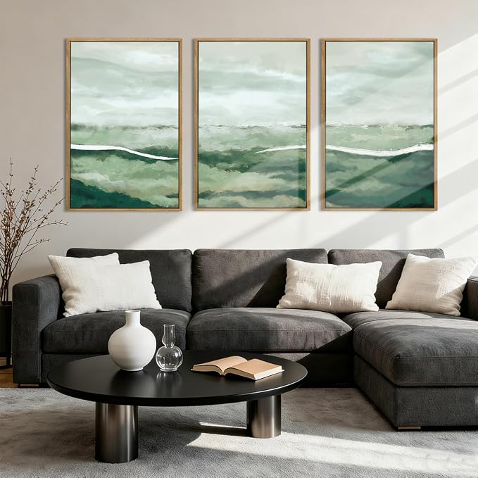ANHUIB Large Green Abstract Framed Wall Art Set of 3 Sage Green Landscape Canvas Wall Decor 16x24 InchBeige Neutral Watercolor Lake Textured Illustrations Painting for Living Room Bedroom Dining Room