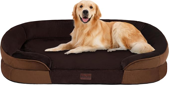 Dwanton Orthopedic Waterproof Large Dog Bed Sofa, Gel Memory Foam, 42" | Egg-Crate Foam Dog Sofa, Washable Pet Bed with Four Sided Bolster Cushion, Removable Cover & Non-Slip Bottom, Brown
