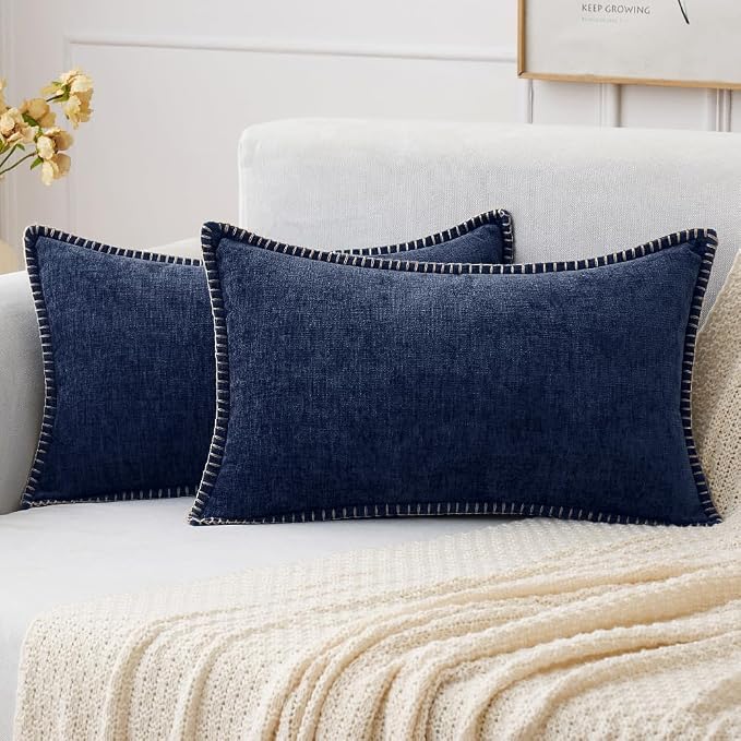 MIULEE Decorative Lumbar Throw Pillow Covers 12x20 Inch Navy Blue 2 Pack | Farmhouse Pillow Covers with Stitched Edge, Soft Chenille Cushion Cases, for Couch Sofa Bed Living Room Home Decor