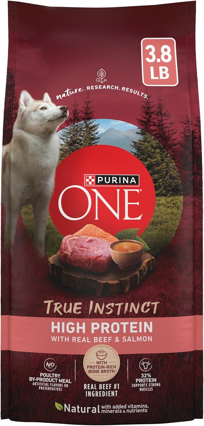 Purina ONE True Instinct High Protein Formula with Real Beef and Salmon Dry Dog Food - (4) 3.8 lb. Bags | Nutrient dense, with 32% protein for strong muscles, natural with added vitamins, minerals and nutrients