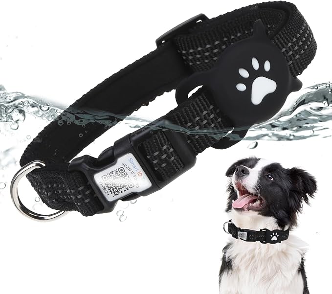 PUPTECK Airtag Dog Collar, Reflective with QR Code Buckle, Waterproof AirTag Holder Outdoor Tracking Pet Collars, Adjustable Soft Padded Durable for Small Medium Large Dogs Walking Training, Black M